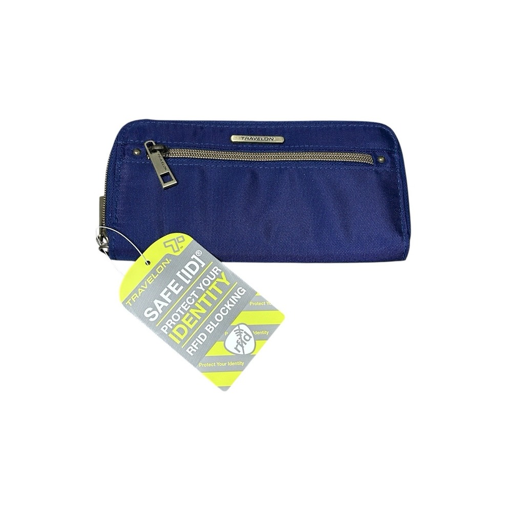 Travelon RFID Blocking Wristlet Wallet Navy Blue Zip Around Clutch NEW